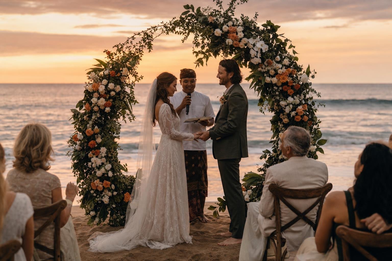 Mariage sur la plage à Bali au coucher du soleil