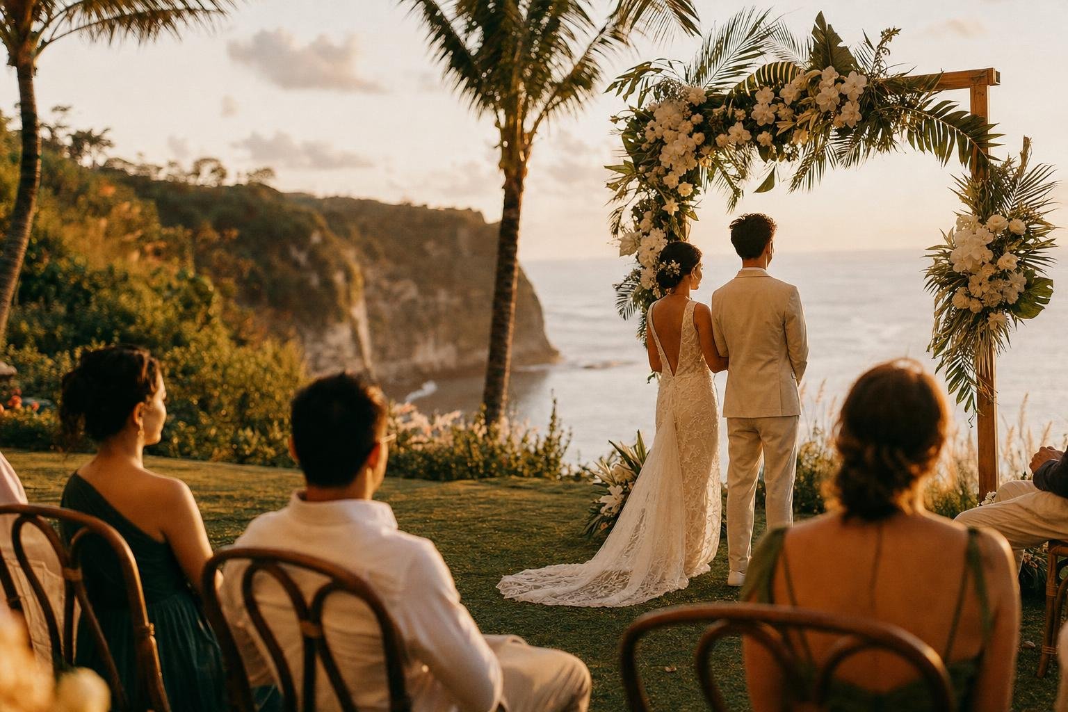 Cérémonie de mariage sur une falaise de Bali au coucher du soleil