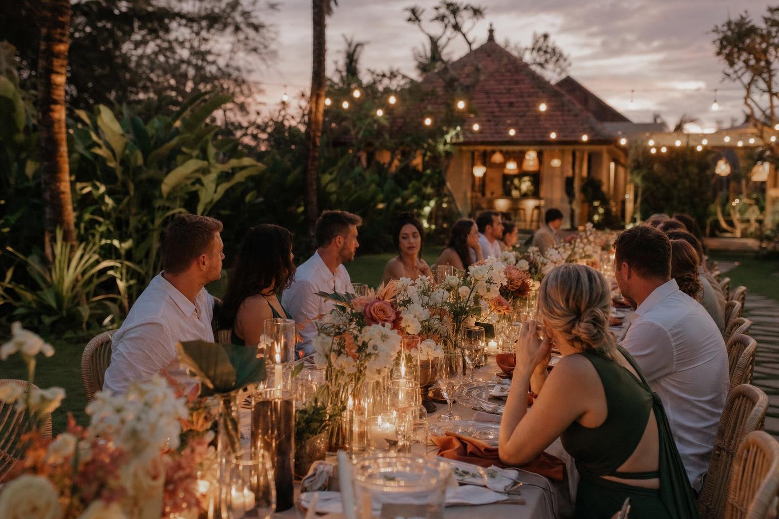 Table de réception de mariage à Bali au crépuscule